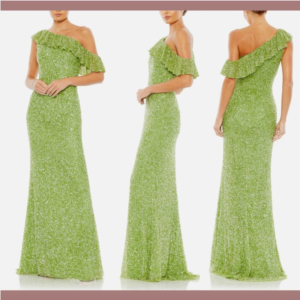 NWT‎ $498 Mac Duggal [ 16 ] Sequined Drop Shoulder Trumpet Gown Lime Green #Q737